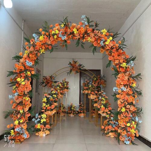 橘色婚庆花拱门开业婚礼庆典花门婚庆满花双杠圆形拱门婚庆幸福门