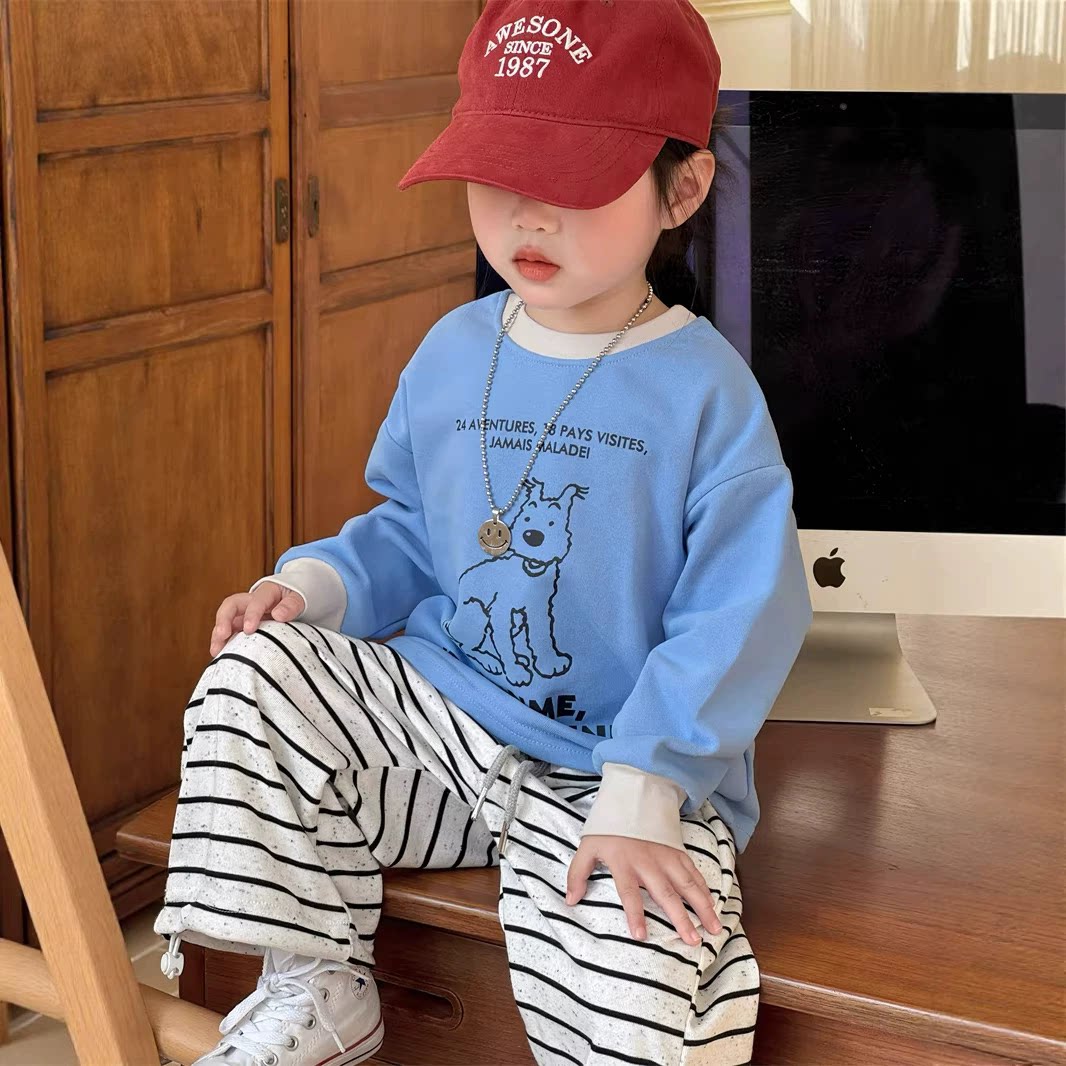 女童春秋款蓝色小狗长袖T恤男童复古条纹阔腿裤套装可爱卡通动物