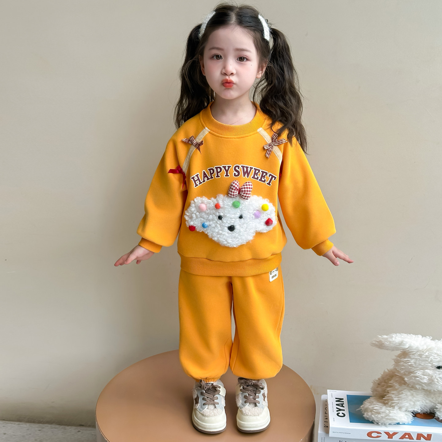 女童加绒加厚卫衣套装毛毛小狗秋冬新款女宝宝可爱漂亮免穿搭两件