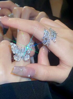 满钻锆石蝴蝶戒指女小众设计时尚开口食指戒新款个性精致指环手饰