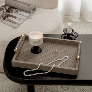 轻奢编织皮革托盘家用长方形香薰托盘摆件创O意玄关钥匙首饰收纳