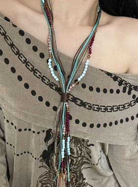 新中式国风蓝色陶瓷串珠项链女民族风编织吊坠长款毛衣链高级颈链