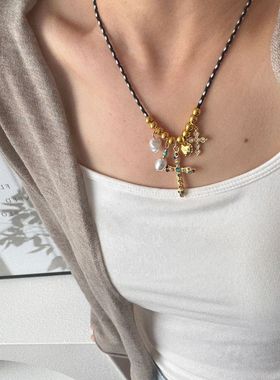 美式彩色滴油爱心蝴蝶吊坠编绳项链女y2k珍珠油画风设计锁骨链潮