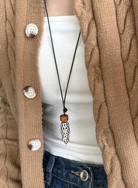 文艺复古编织绳金银花朵吊坠项链女小众高级感轻奢百搭长款毛衣链