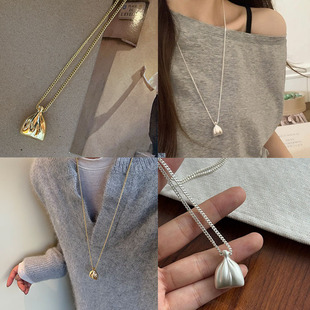 韩系ins风银色拉丝钱袋吊坠项链女轻奢简约小众高级感百搭毛衣链