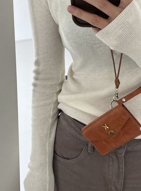 韩系美拉德咖色皮绳包包挂坠项链女小众设计高级感长款毛衣链配饰