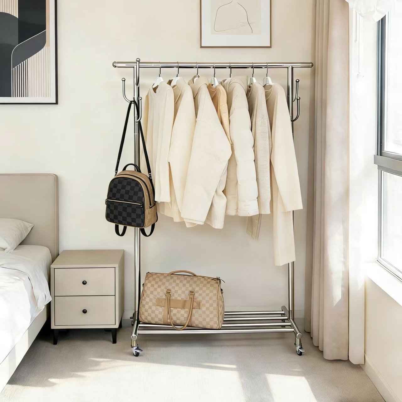 喜佳奢不锈钢落地衣帽架家用阳台可移动多功能收纳简易晾衣架