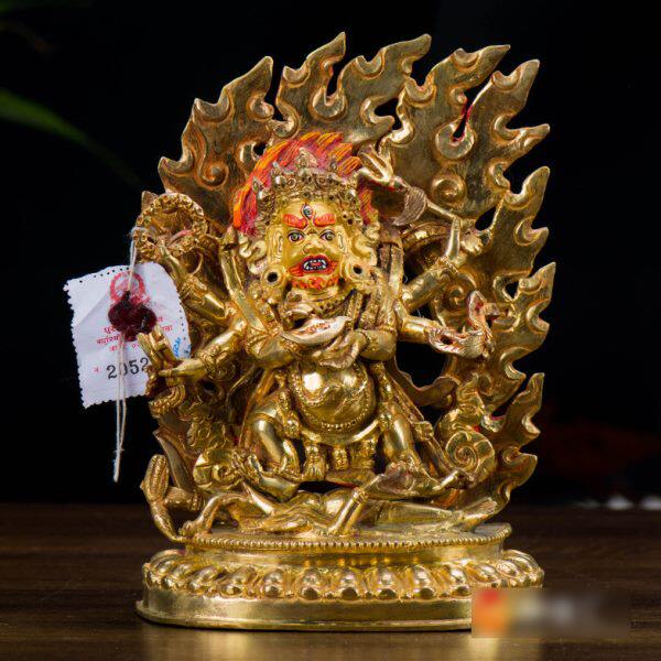 家用现代大黑天铜像摆件尼泊尔手工铜全鎏金六臂玛哈嘎拉铜像