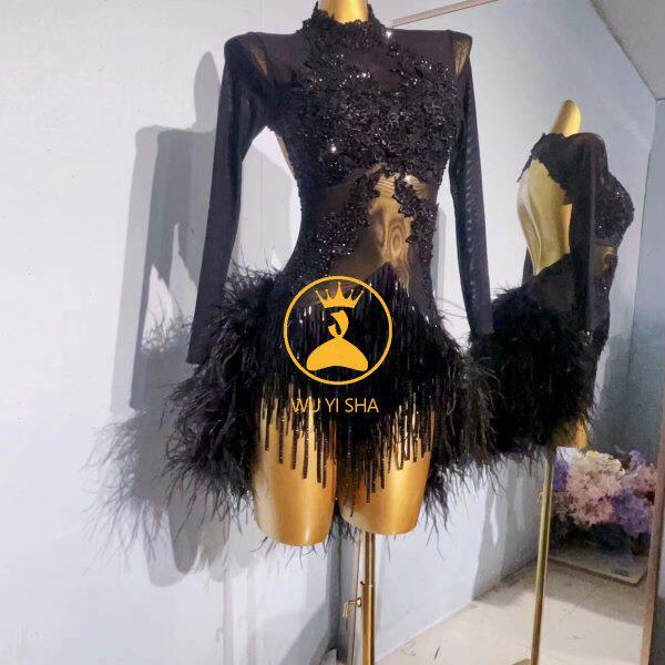 舞忆莎高级定制新款拉丁舞裙演出服鸵鸟毛高档专业比赛服2555