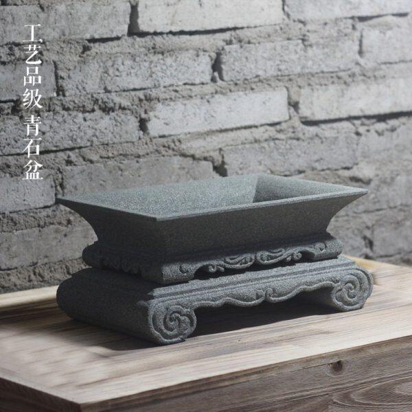 高端青石花盆石雕菖蒲石头盆景盆上水石中式古典底座参展级水仙盆