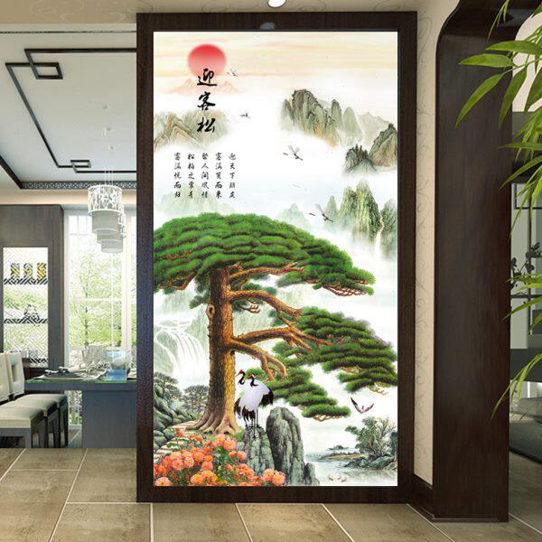 5d立体中式玄关壁纸走廊过道客厅背景墙纸山水迎客松竖版墙布壁画