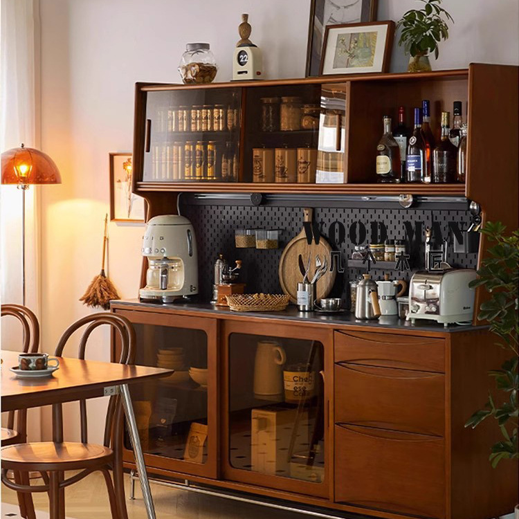 北欧实木餐边柜小户型收纳储物茶水柜家用中古靠墙置物橱柜高柜