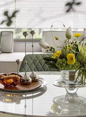 现代轻奢样板房客厅茶几餐桌高档A彷真花金属烛台托盘果盘组合摆