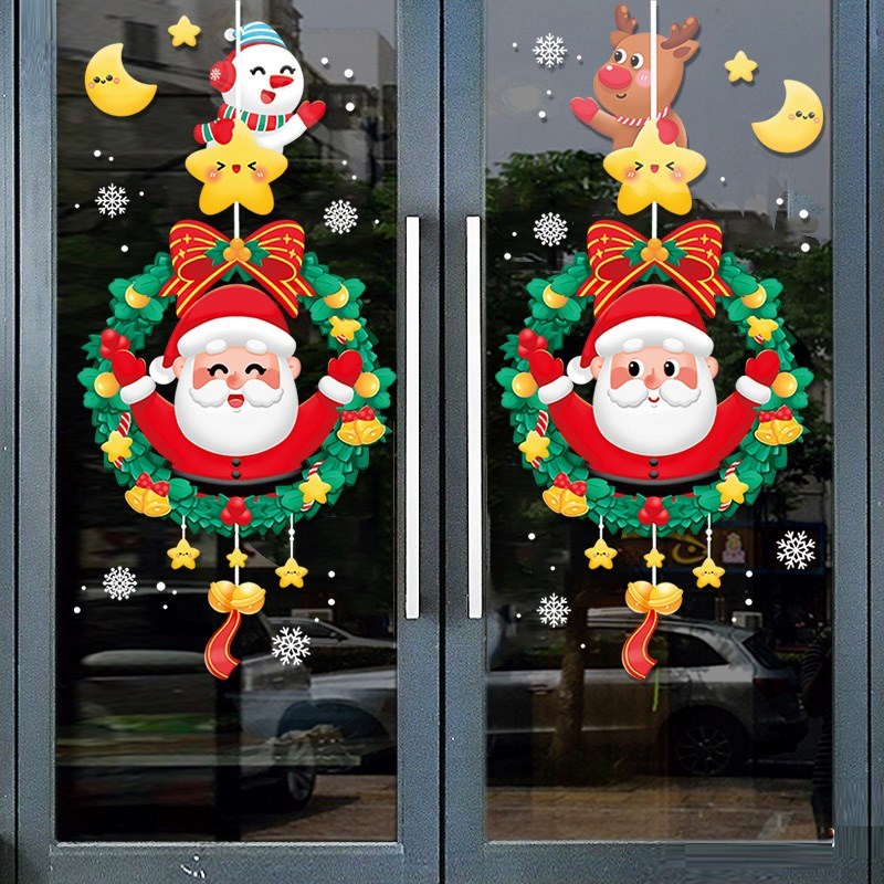 圣诞老人树布置玻璃门贴圣诞节装饰品橱窗贴纸Q静电贴雪花贴画窗