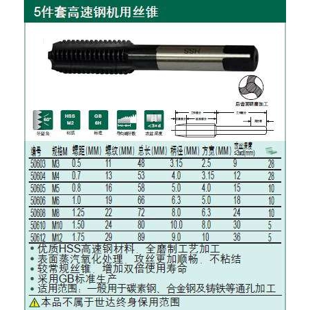 SATA世达工具 5件套高速钢粗牙机用丝锥 M6*1.0mm  50606