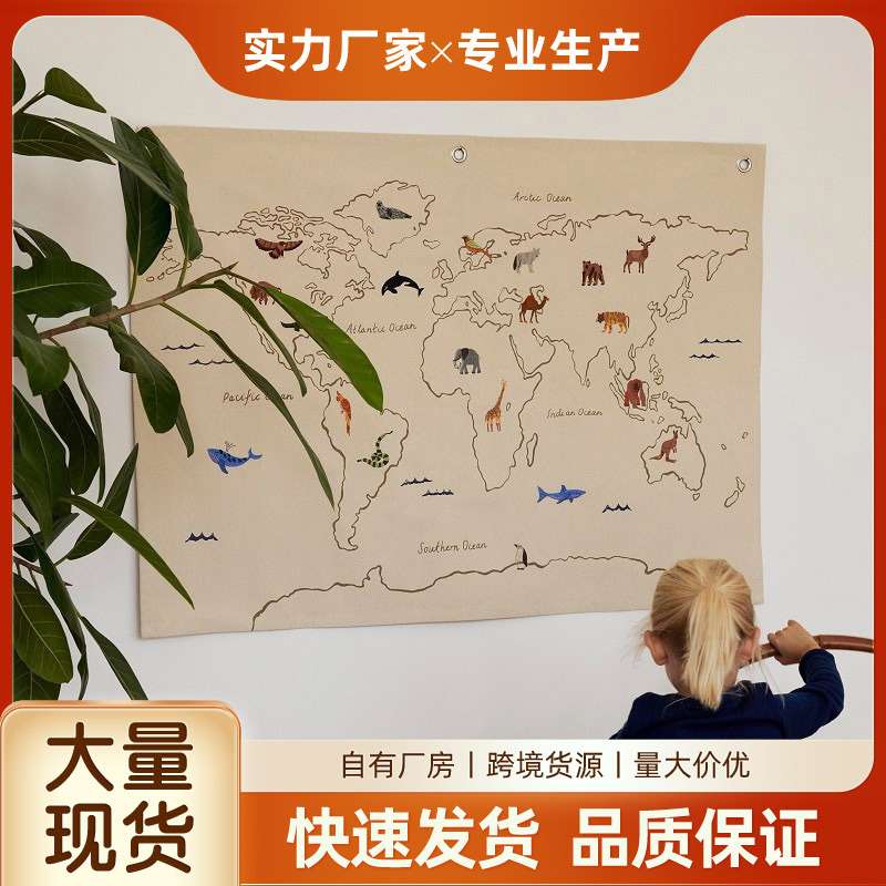 INS北欧布艺画挂毯挂画墙面装饰儿童房 动物刺绣帆布壁挂摄影道具图片