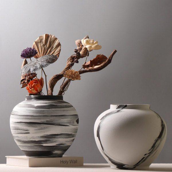 新中式陶瓷罐子样板房花架创意插花装饰品书房书剑罐花瓶水墨摆件