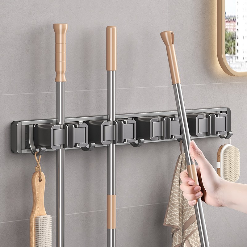 德系优选免打孔拖把架扫把架太空铝多功I能挂架浴室魔术拖把架挂