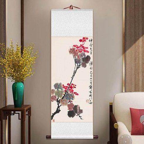 景花挂画花水墨新中式茶室装饰画客厅花海棠壁画鸟卷轴书房春梨杏
