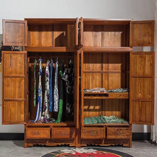大衣柜实木榆木顶箱柜组合家具明清仿古中式四门家用卧室分层隔板