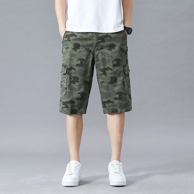 夏季纯棉七分裤男士休闲工装中裤沙滩裤宽松大码迷彩马裤口袋短裤