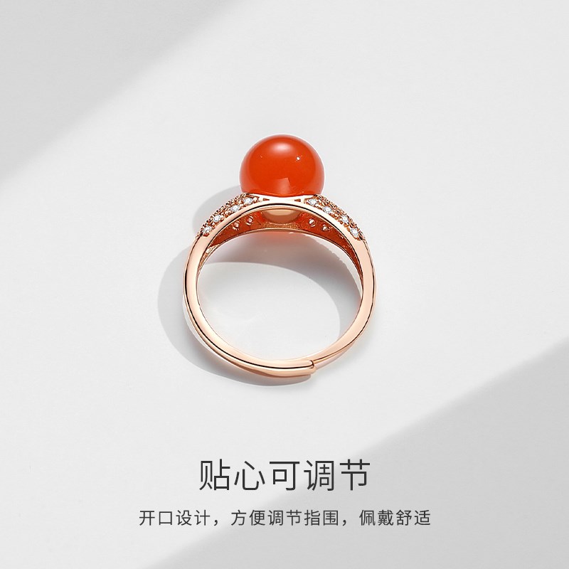 南红玛瑙戒指女925银可调节保山冰红国风属蛇本命年单Y珠指环手饰