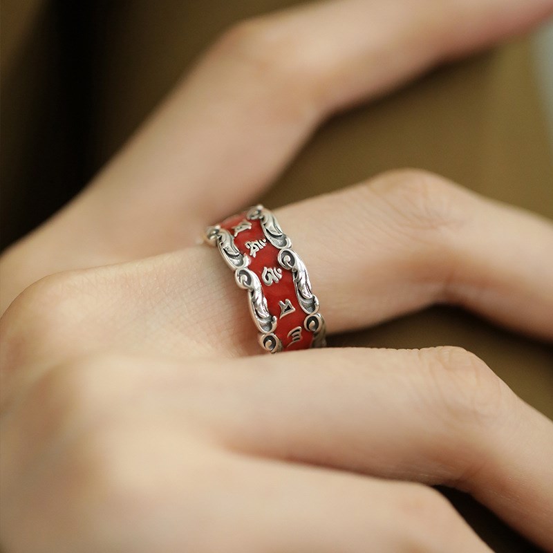复古珐琅六字真h言泰银戒指女烧蓝工艺民族风饰品开口藏银指环礼