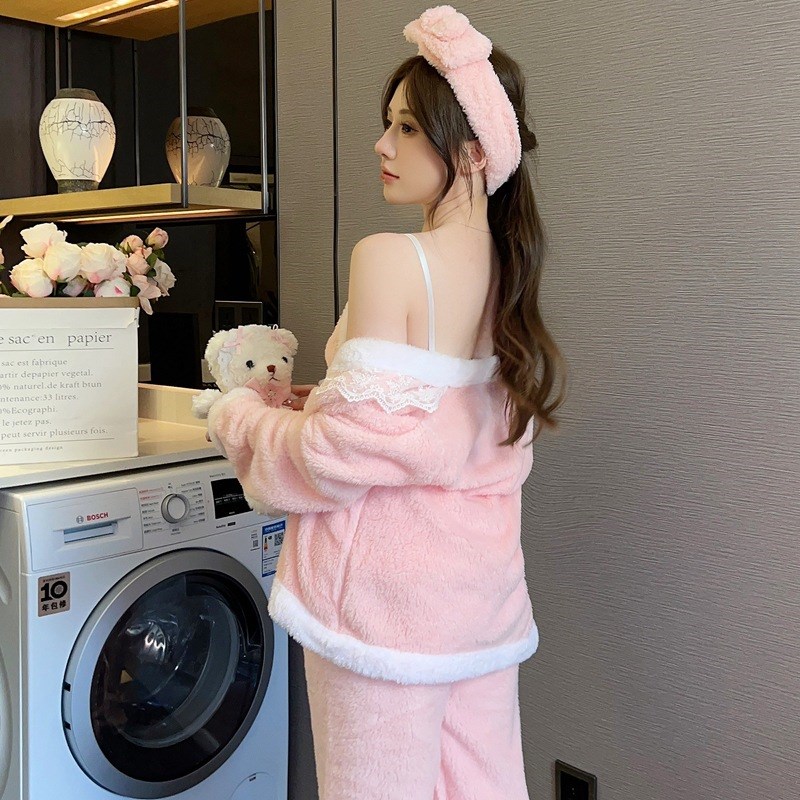 2024秋冬睡衣女性感吊带长裤外袍送同色头带珊瑚绒V加厚家居服套
