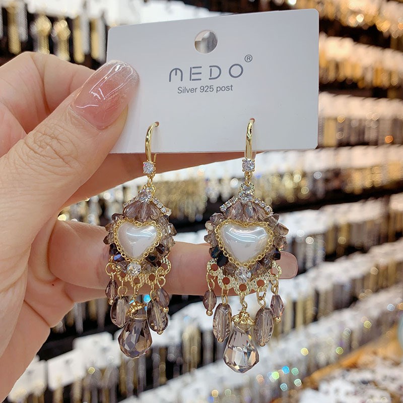 手工款轻奢爱心珍珠水晶流苏耳钩网E红个性时尚耳环高级感显瘦耳