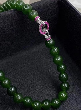 珠宝直播新款S925银镶嵌x10.0mm绿玉髓玛瑙串珠气质时尚项链