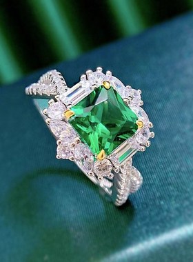 珠宝 2g023新款S925银正7*7仿真祖母绿切割豪华围镶欧美戒指