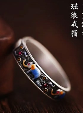 吉象戒指女大象珐琅描金设计高级感复古J开口可调节新中式国风戒