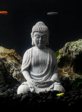 禅意复古佛像创意假山鱼缸装饰桌面盆景微景观水陆缸造景佛头摆件