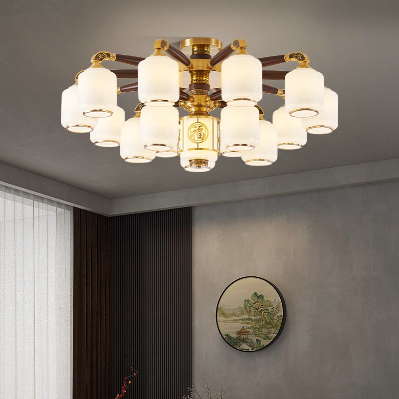 新中式全铜吊灯实木客厅吊t灯2025年新款饭店包厢大厅餐厅灯卧室