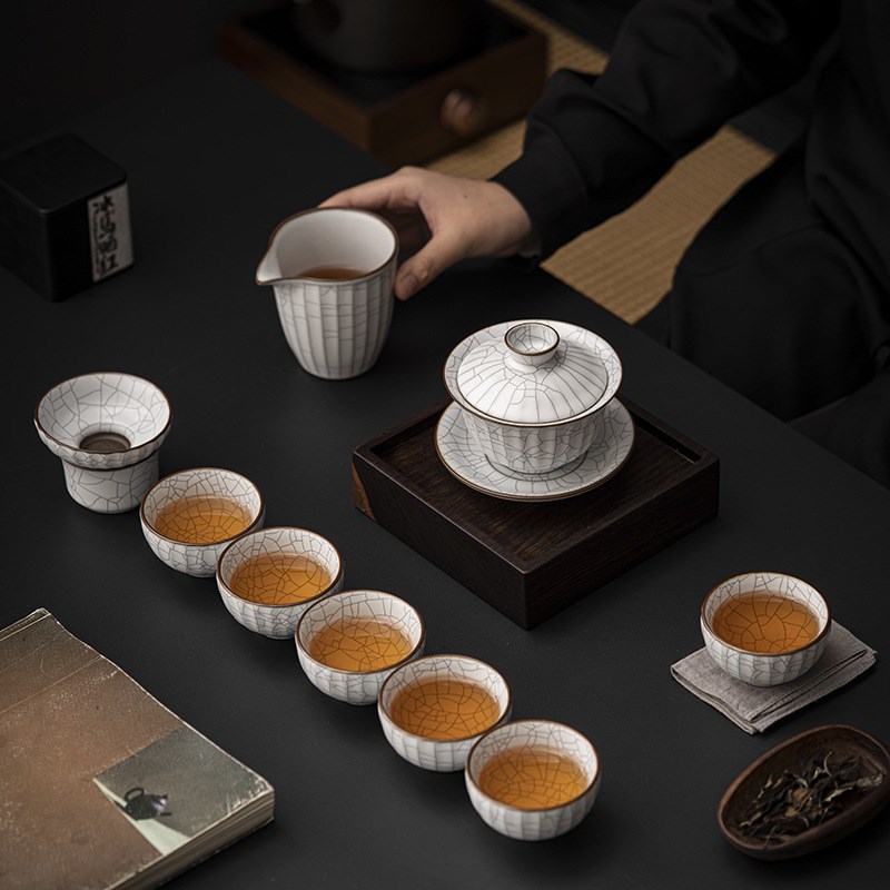 黄汝窑盖碗茶杯功夫茶具套装家用中式会客泡茶盖碗茶壶高端礼盒装