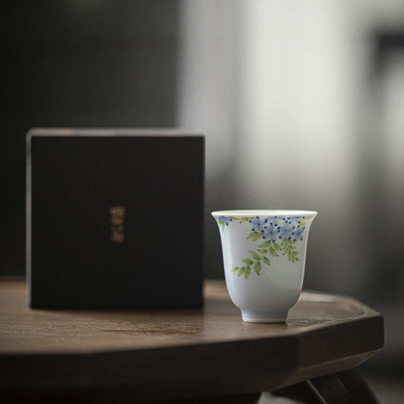 明知山志 碧落蓝手绘品茗杯 玉泥功夫茶具家用茶杯闻香杯 文人器
