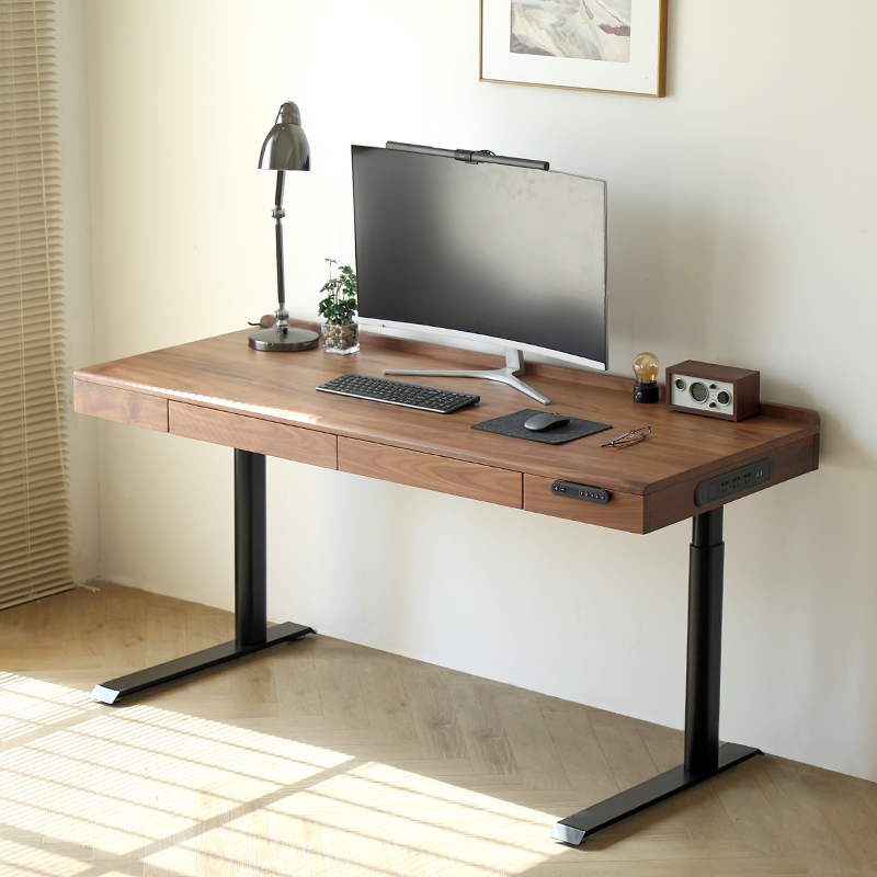 实木电动升降桌自动电竞智能站立式电脑办公黑胡桃木书桌工作台