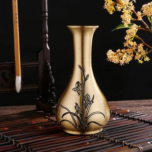 纯黄铜仿古浮雕花瓶家居插花金属花器摆件客厅桌面装饰小兰花花瓶