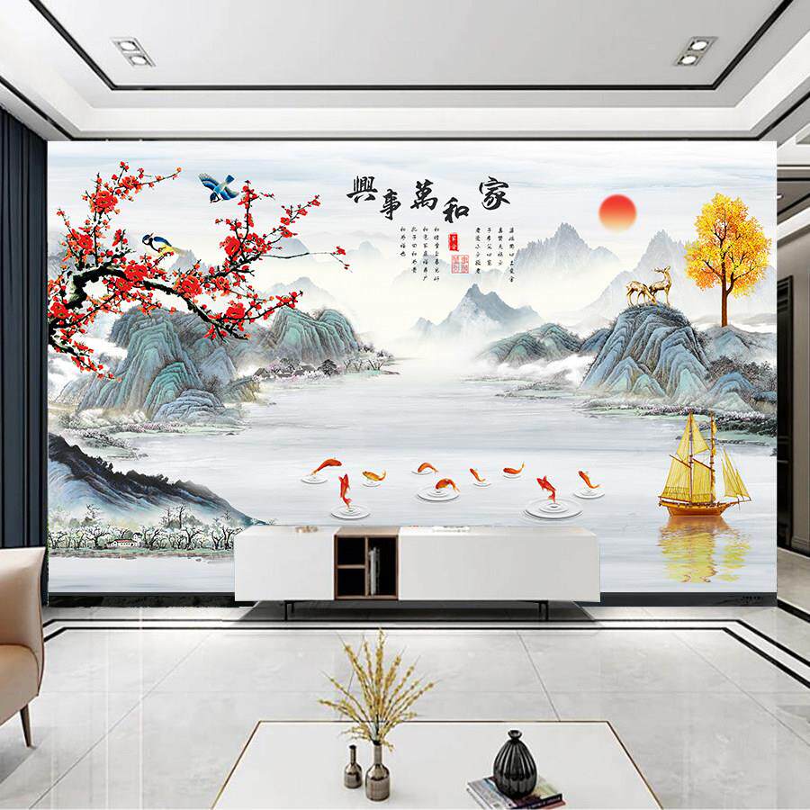 家和万事兴中式3d立体背景墙壁画山水画壁布电视墙壁纸客厅墙布