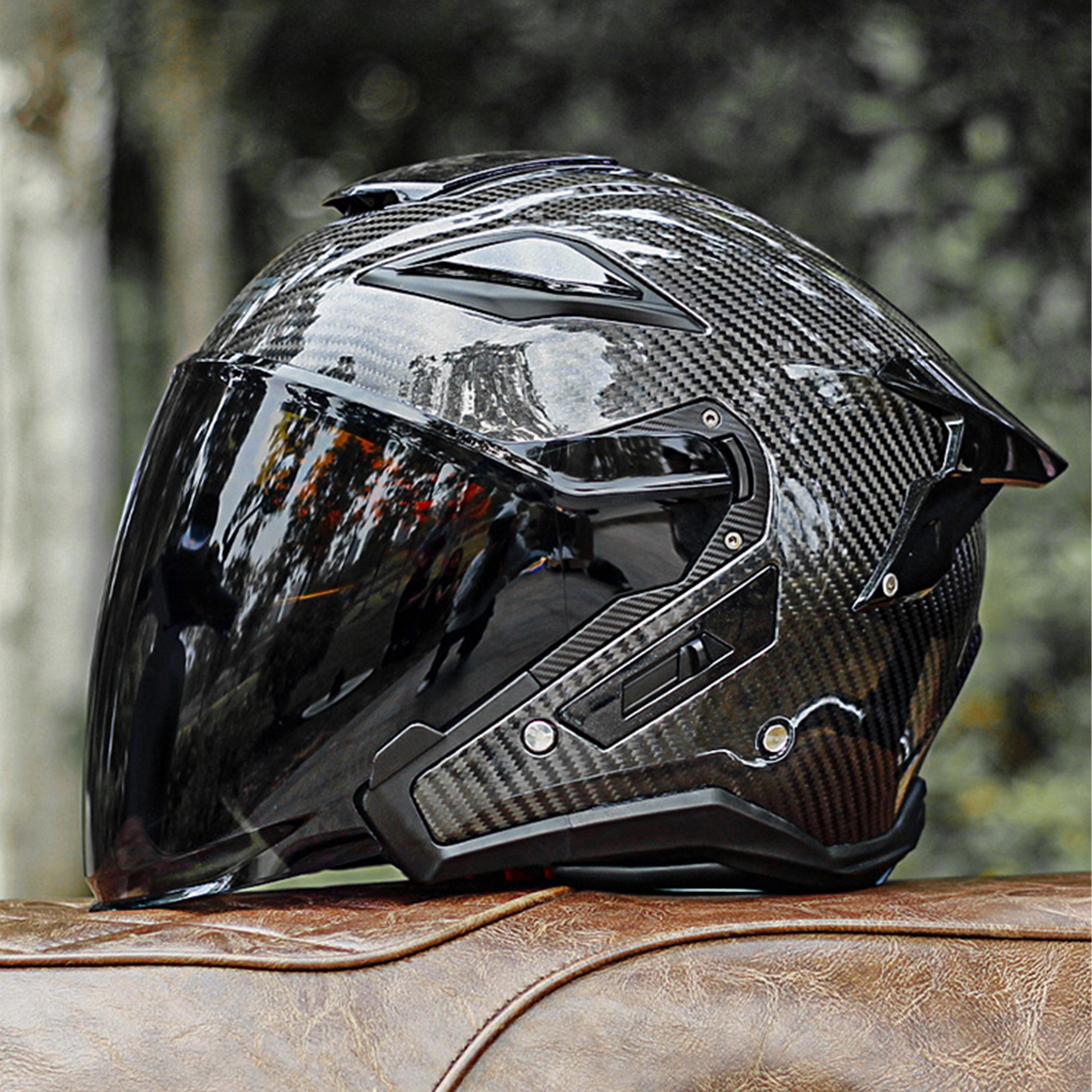 gsb头盔男摩托车半盔女双镜片四分之三复古碳纤维头盔女夏季通风