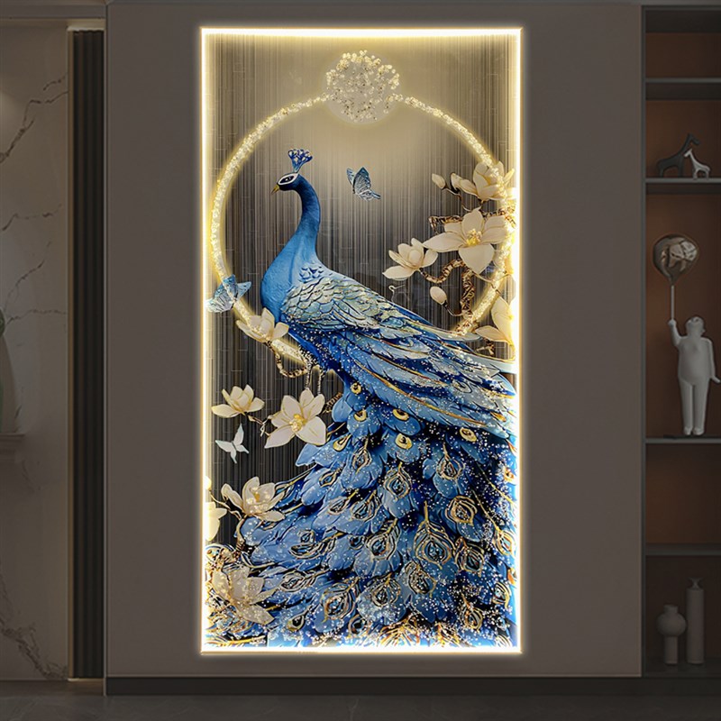 声控灯光晶瓷镶钻装饰画客厅孔雀玄关挂画定制铝合金边框新中式图片