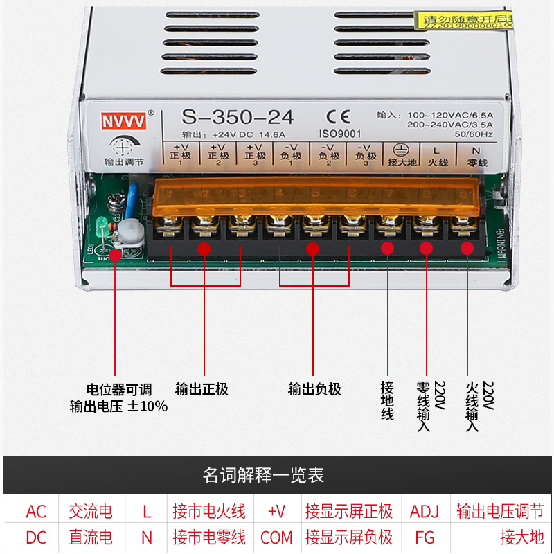 明伟LED开关电源S-350W-24V 5V 12V 15V18V28V36V48V监控灯带转DC