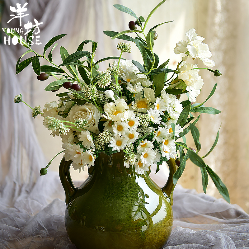 洋坊诺雨设计师仿真花束白绿色系客厅餐桌卧室摆件装饰手捧花假花