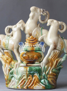 三阳开泰陶瓷羊摆件招财避邪陶瓷工艺品家居具办公室摆设件唐三彩