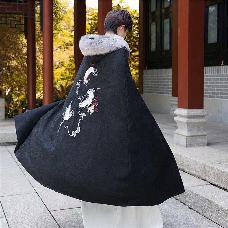 秋冬季新款汉服斗篷男加绒加厚古代披风绣花原创古装霸气武侠古风