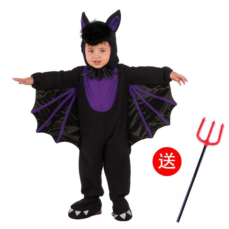万圣节儿童服装卡通恶魔套装斗篷紫色蝙蝠披风表演衣服装扮男女童
