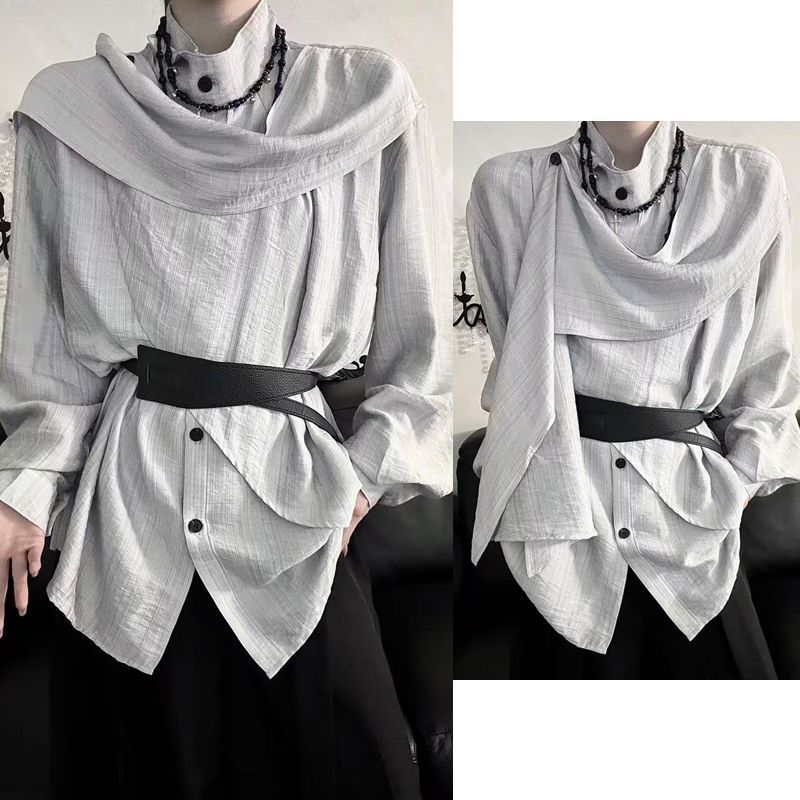 宽松立领设计感显瘦上衣男女复古高级感衬衣拼接飘带薄款长袖衬衫