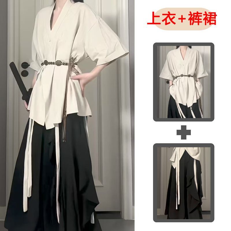 改良汉服开衫佛系禅意女新中式复古系带外套搭配中性阔腿黑色裤裙