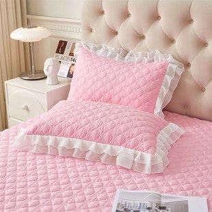 纯色A类水洗棉夹棉绗缝枕套一对装 单人48x74cm公主风花边枕芯套子