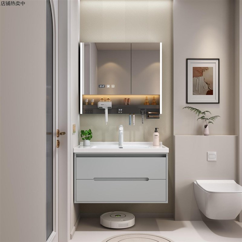挂墙式橡木门板浴室柜陶瓷一体盆卫生间智能洗手洗U脸盆洗漱台实